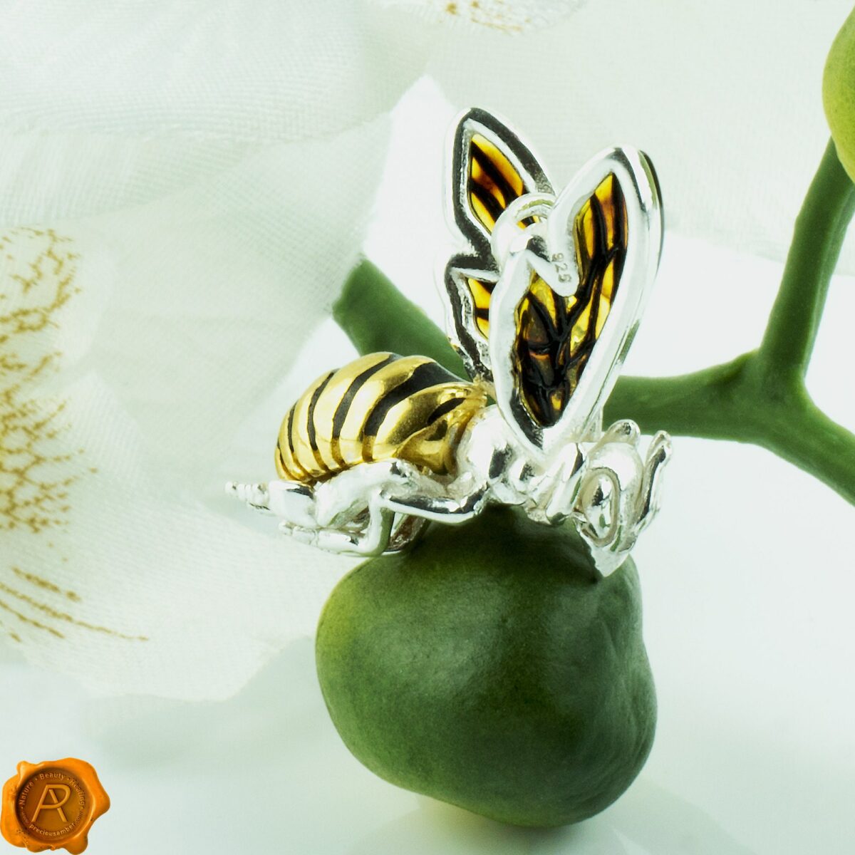 Bee Silver Gold Pendant Necklace Large Baltic Amber Charm Silver Gold Gemstone Small Carved Bee Art Gold  Bee Carved Amber Silver Bee - Image 6