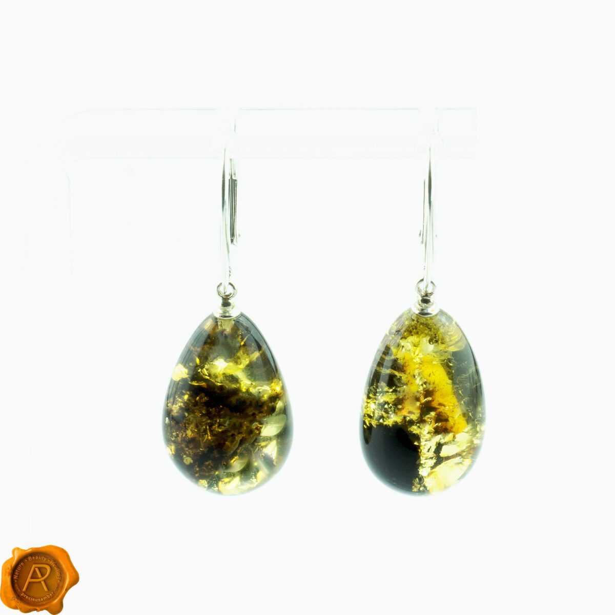 Inclusion Large Green Baltic Amber Sterling Silver Earrings Women Earthy Green Amber Teardrop Earrings - Image 3