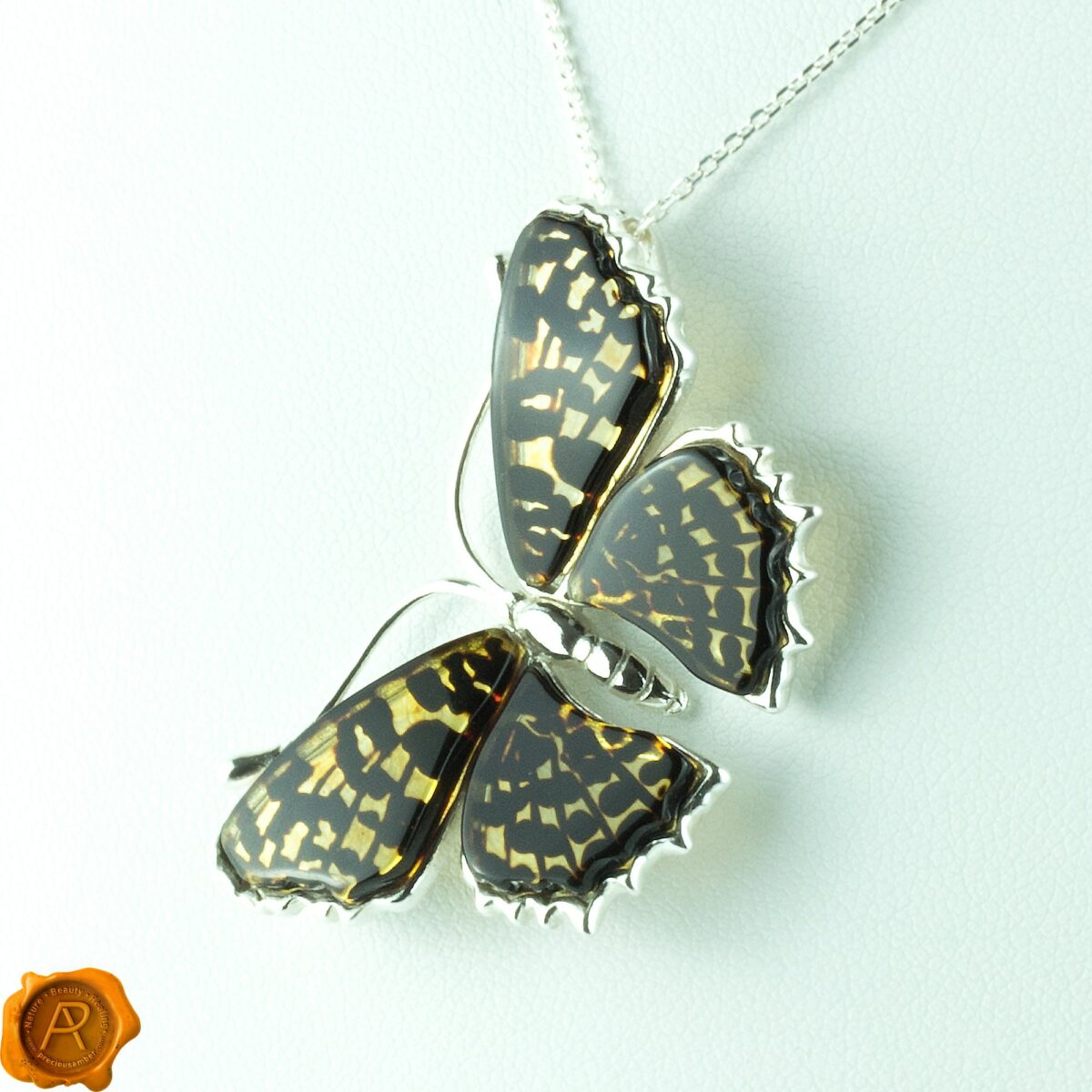 Stunning Butterfly Pendant Necklace Large Baltic Amber Charm Sterling Silver Gemstone Carved  Butterfly Art Carved Amber Leopard Butterfly - Image 2