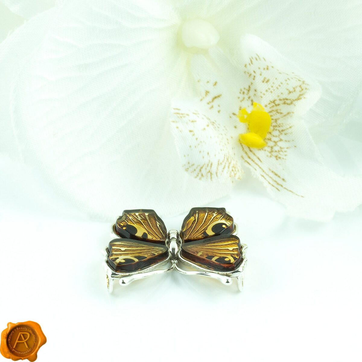 Carved Amber Peacock Butterfly Pendant - Image 6