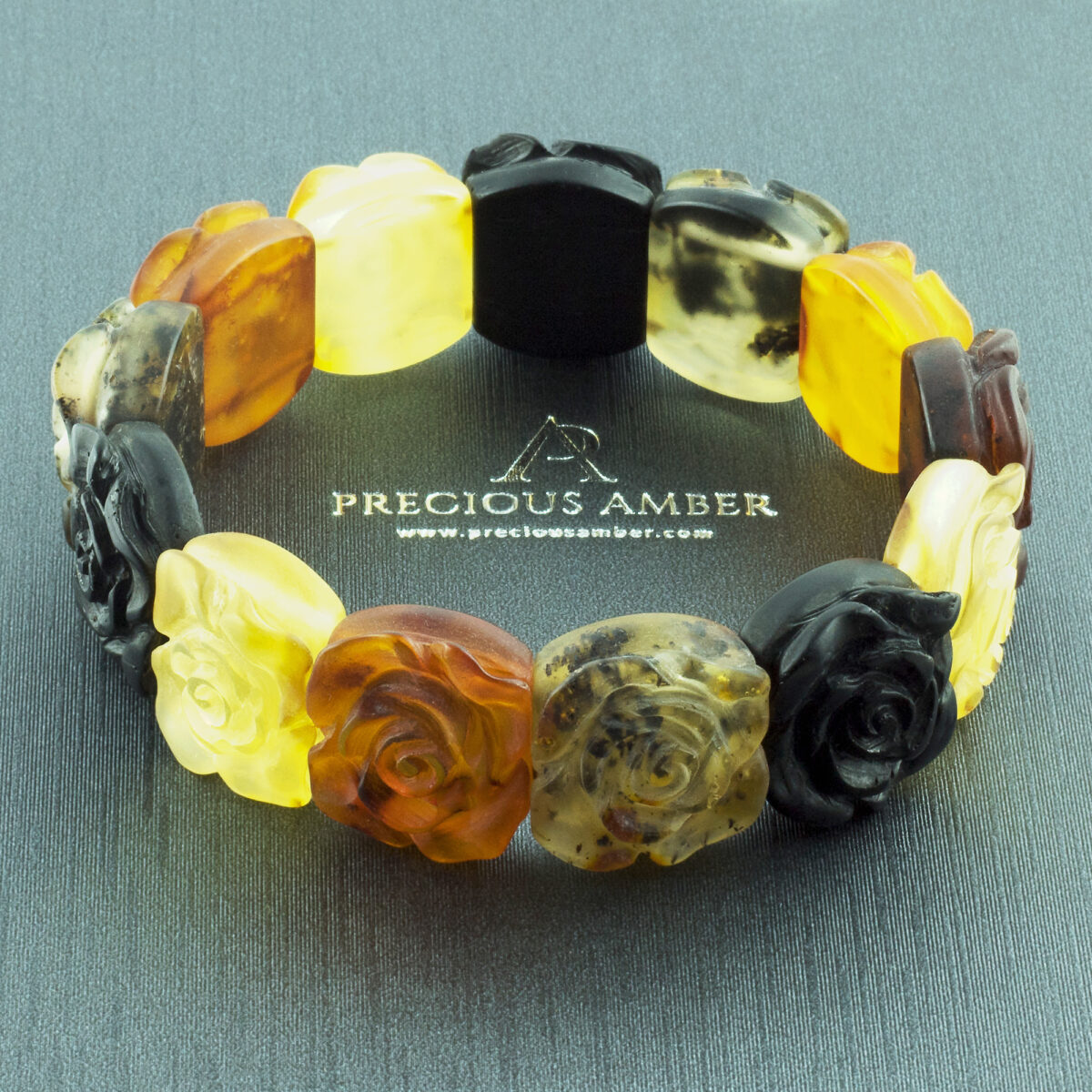 Carved Rose Multicolour Amber Bracelet - Image 4