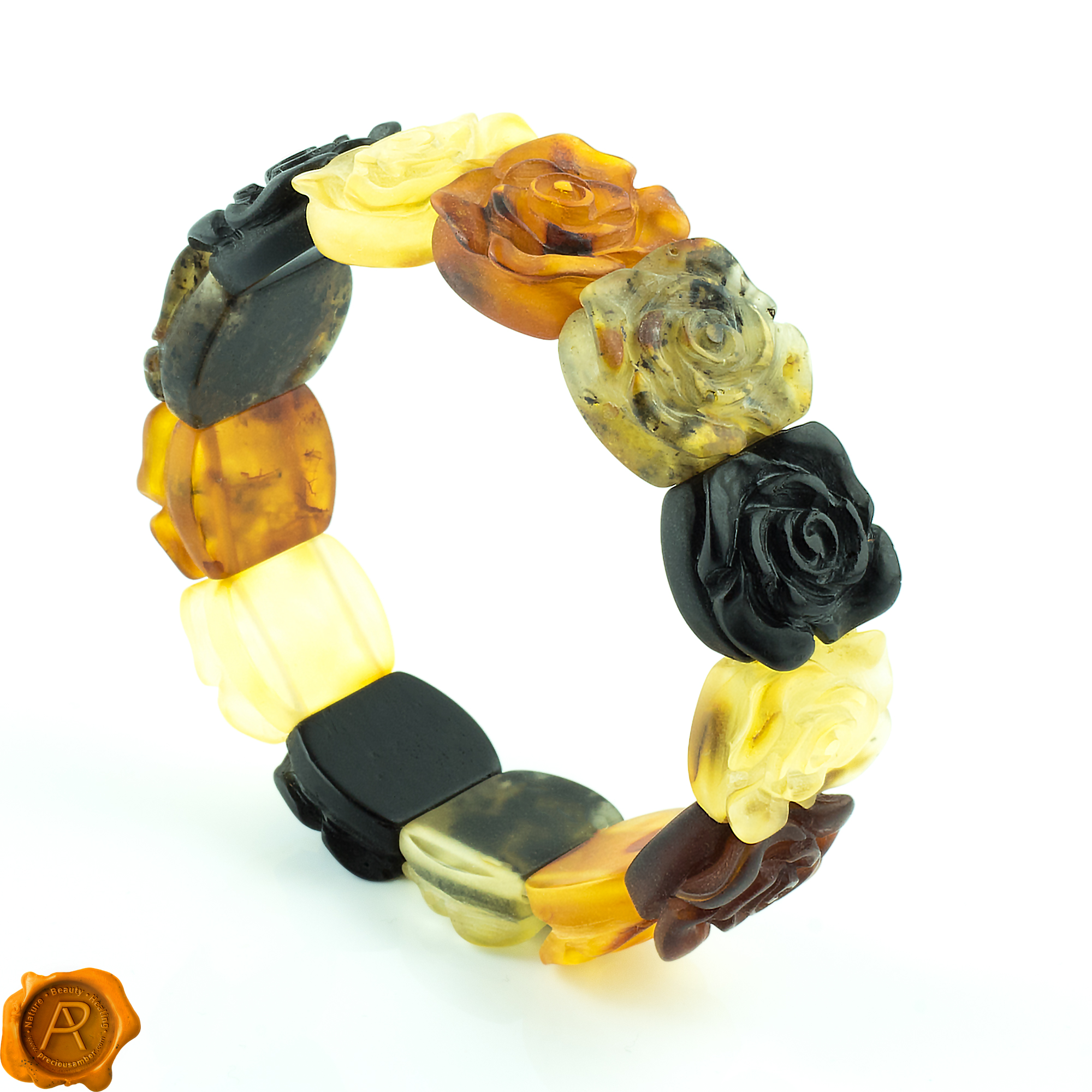 Carved Rose Multicolour Amber Bracelet  Precious Amber