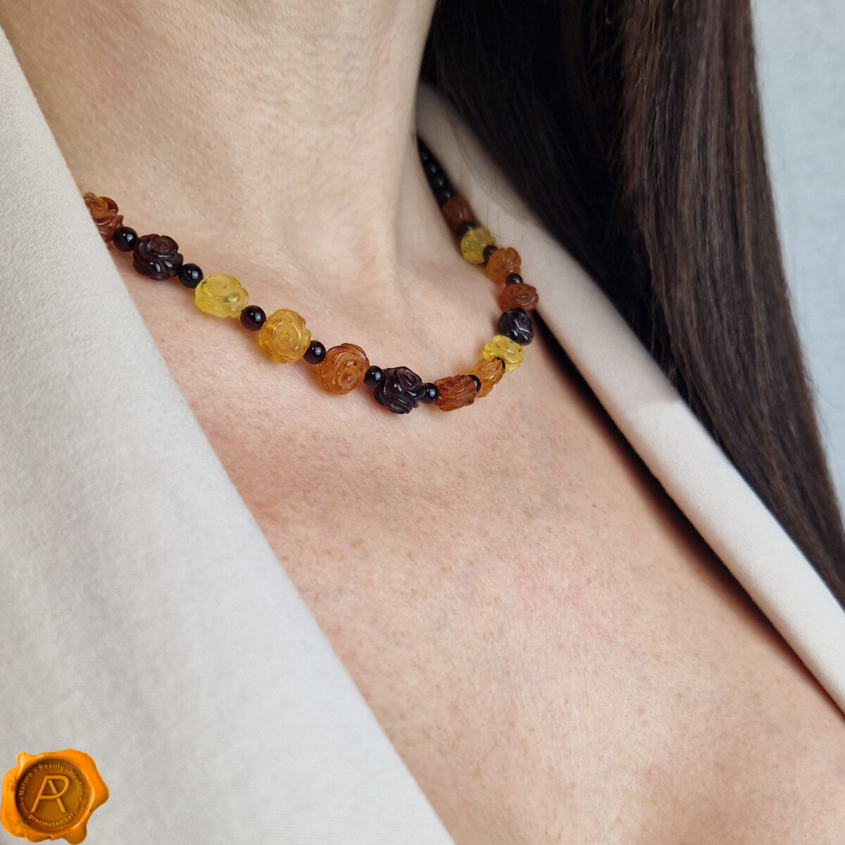 Carved Amber Rose Necklace - Image 3