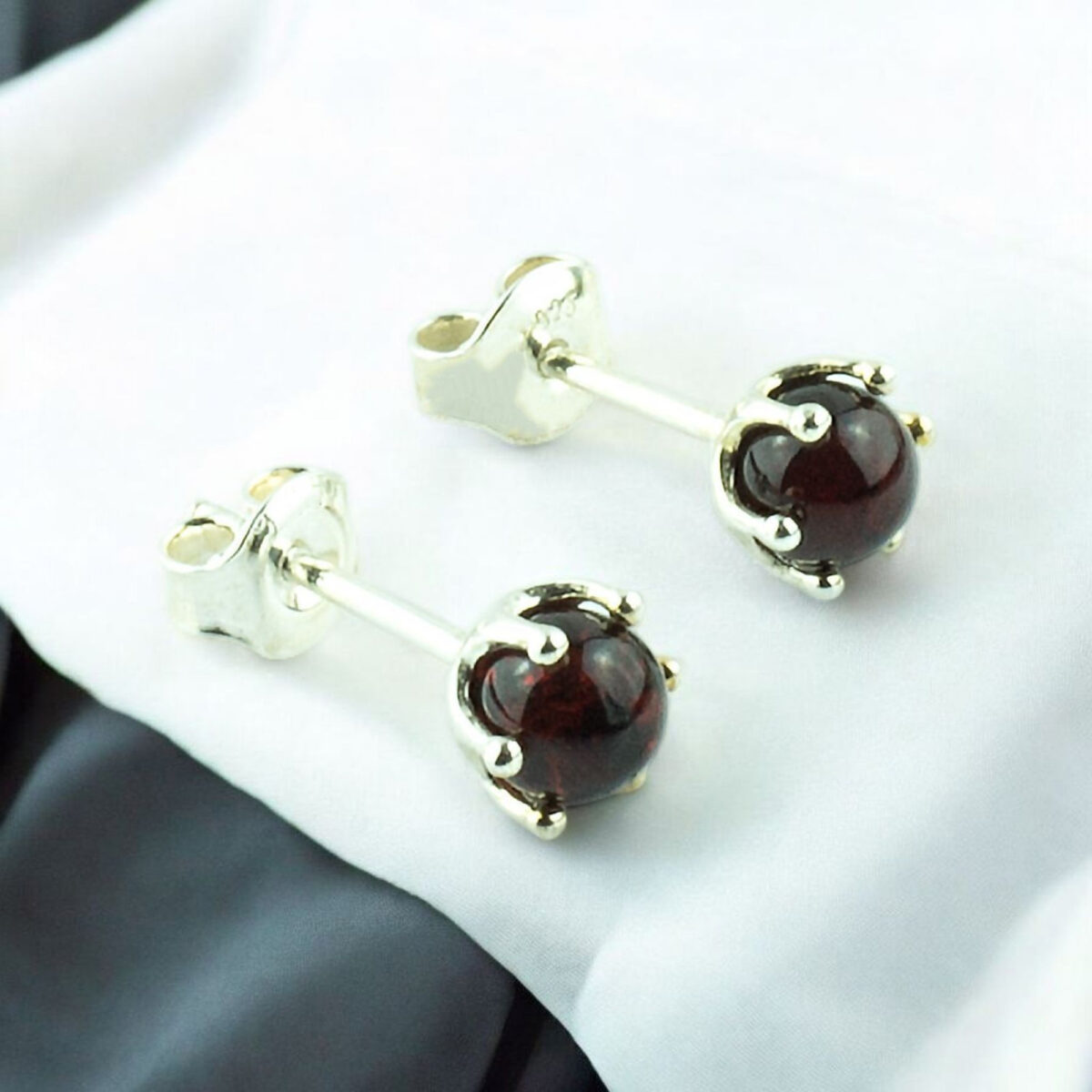 Dainty Stud Earrings Silver, Cherry Black Blood Baltic Amber Red Gemstone Crystal Small Tiny Round Stud Earrings Girls Women