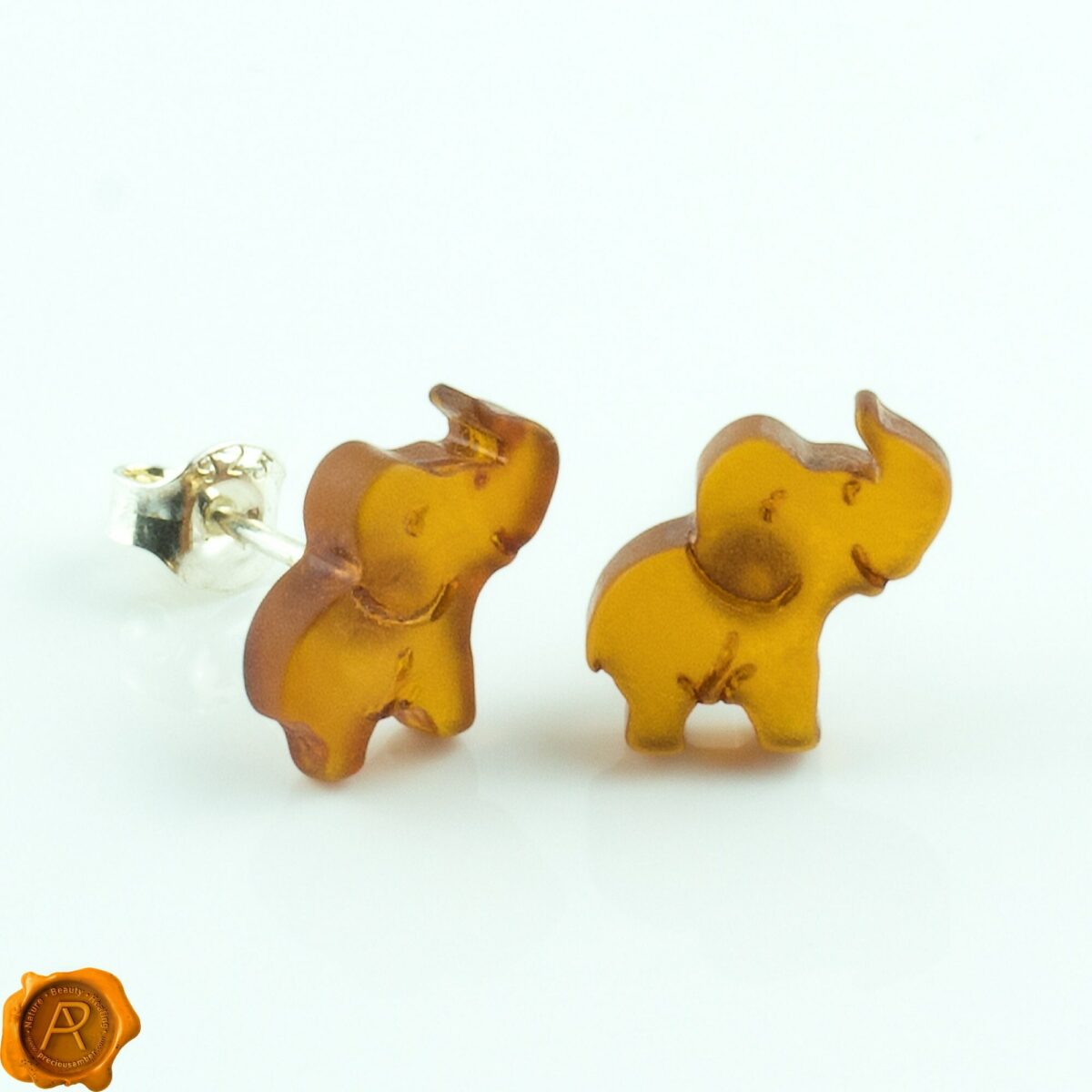 Carved Elephant Amber Stud Earrings - Image 2