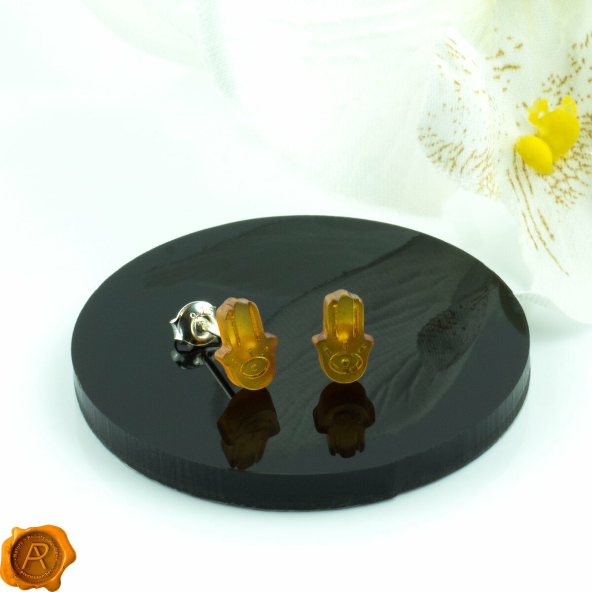Carved Amber Hamsa Hand Stud Earrings - Image 2