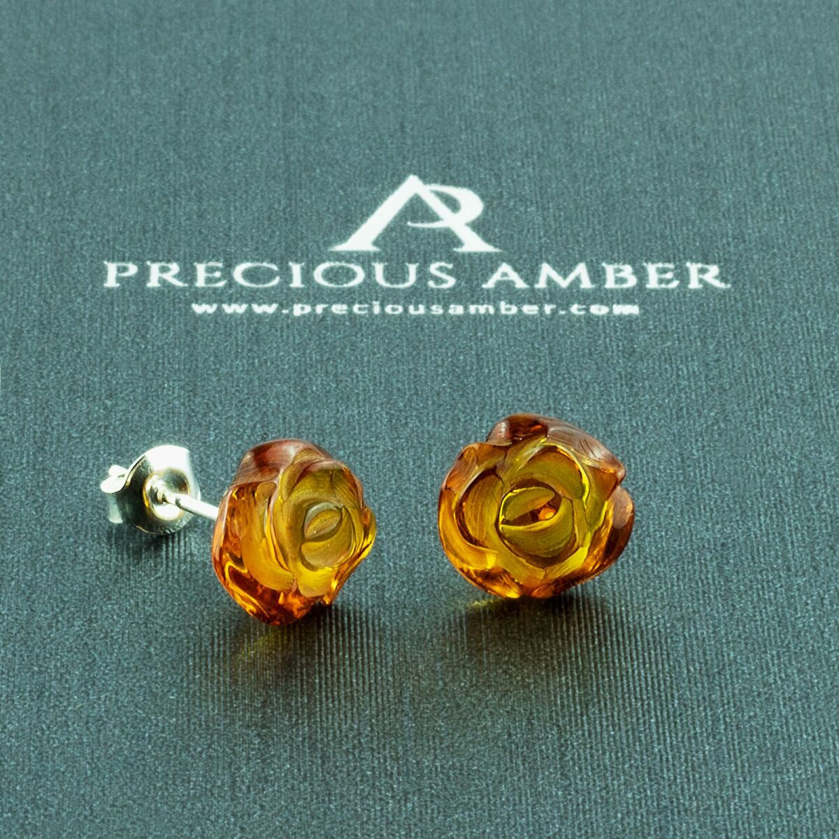 Carved Amber Rose Stud Earrings - Image 2