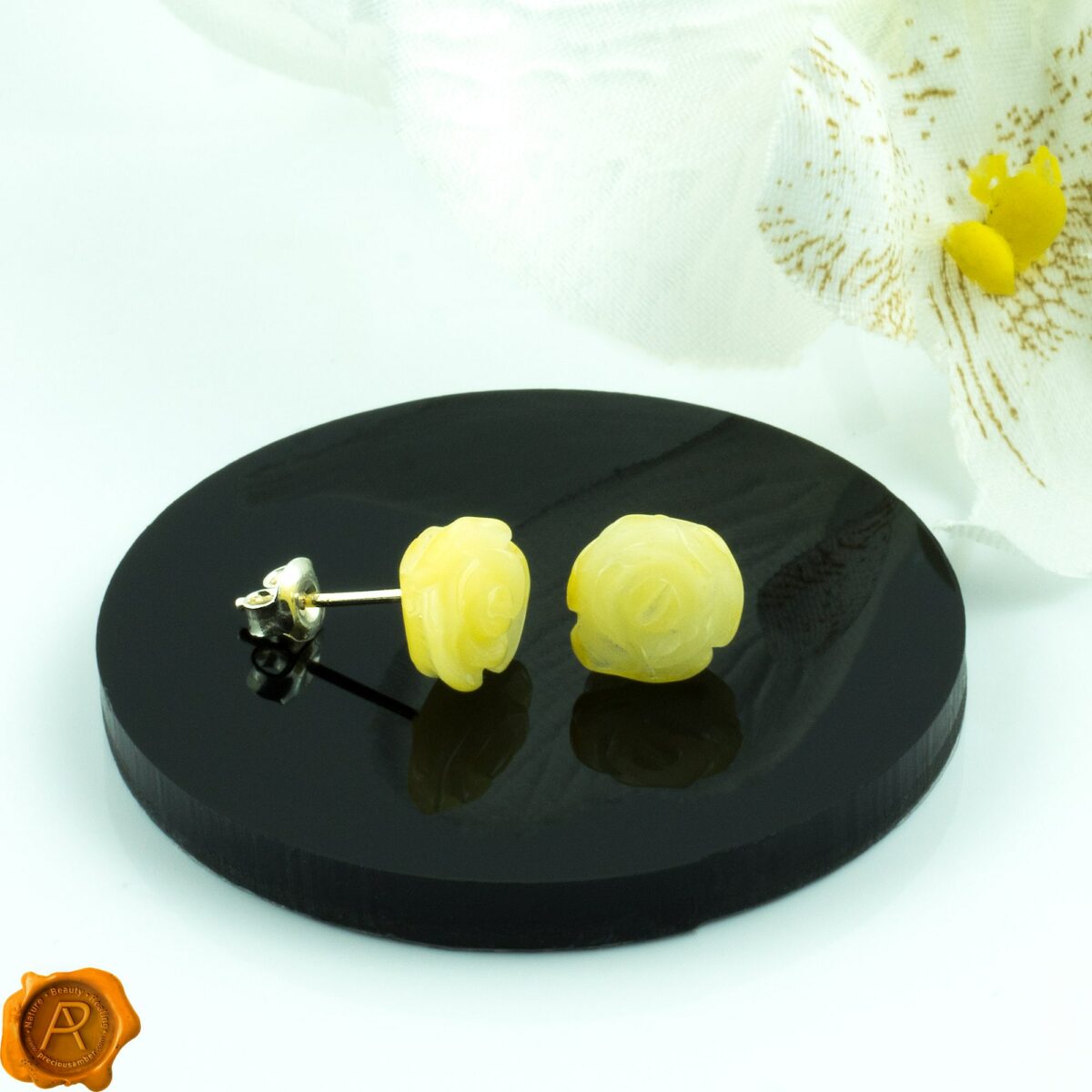Carved Amber Rose Stud Earrings - Image 2
