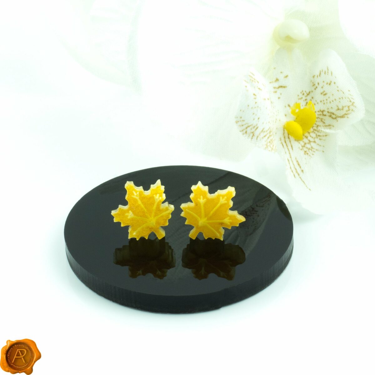 Carved Amber Leaf Stud Earrings - Image 2