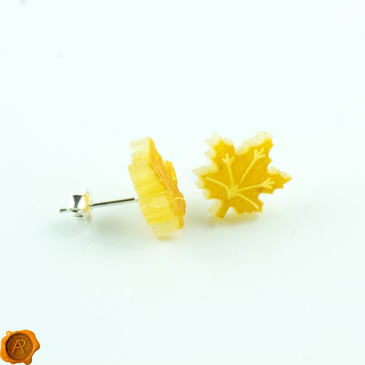 Carved Amber Leaf Stud Earrings - Image 3