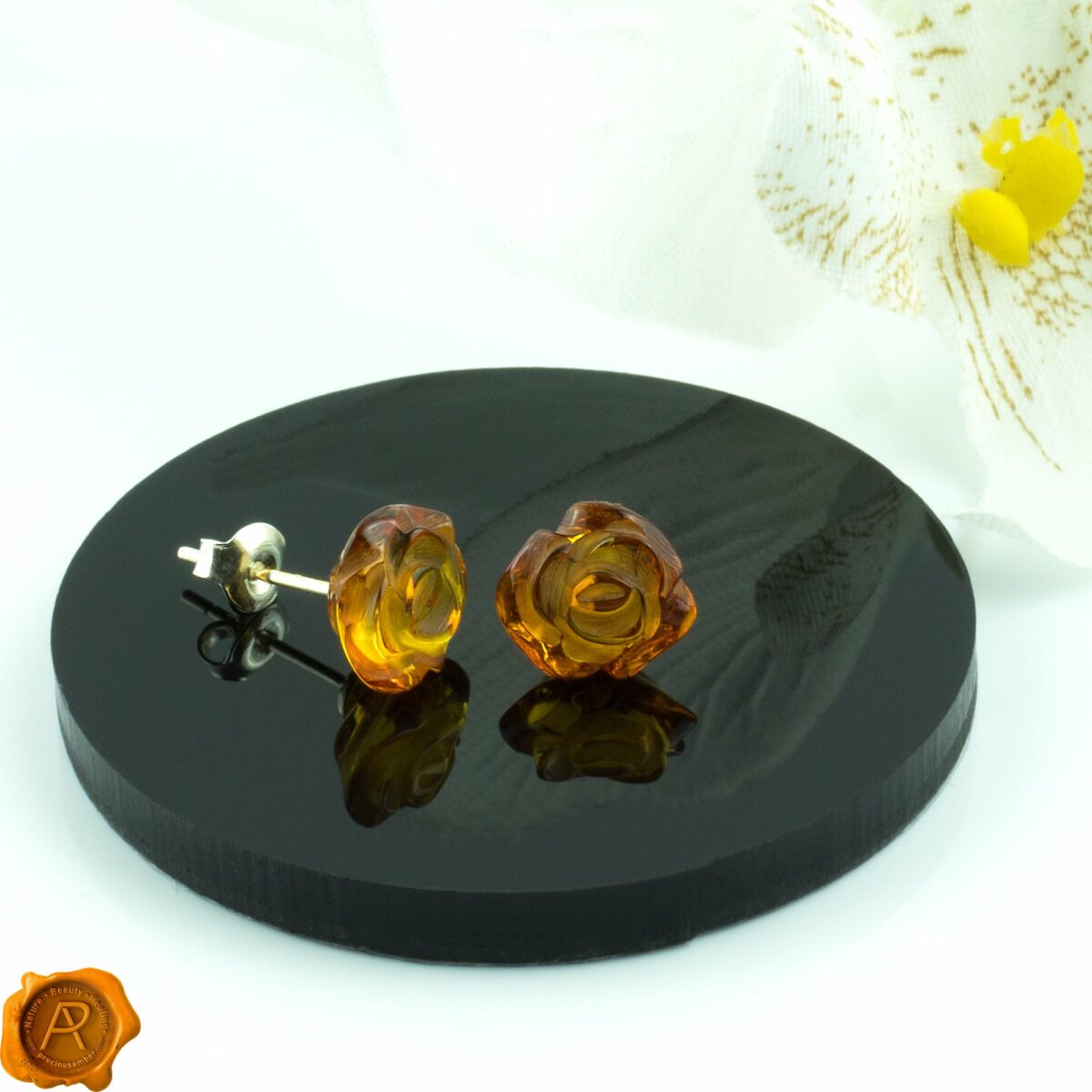 Carved Amber Rose Stud Earrings - Image 3