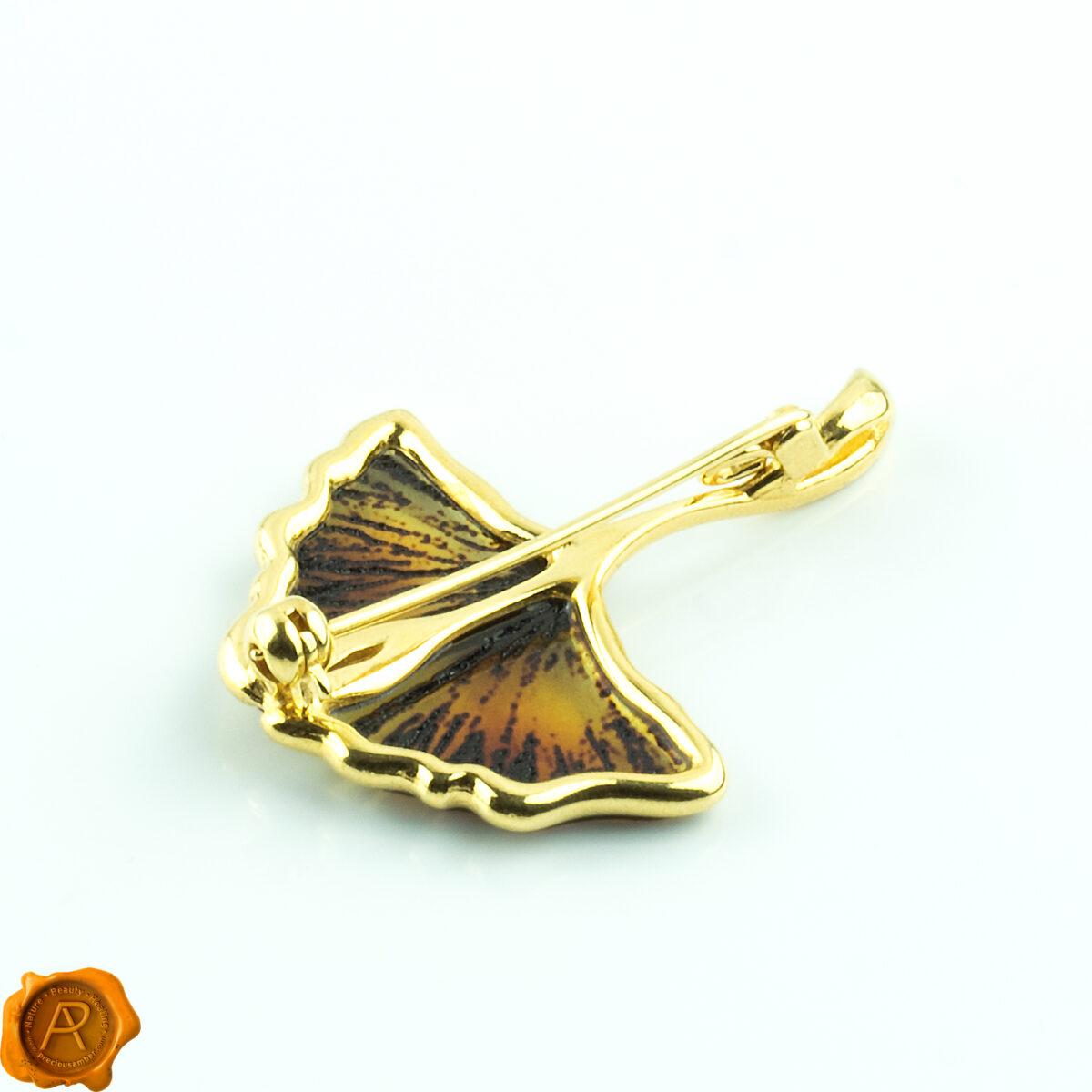 Carved Amber Ginkgo Leaf Brooch Pendant - Image 5