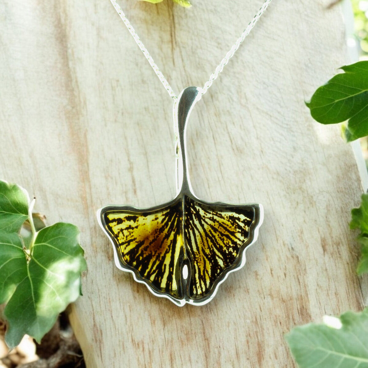 Carved Amber Ginkgo Leaf Brooch Pendant - Image 4