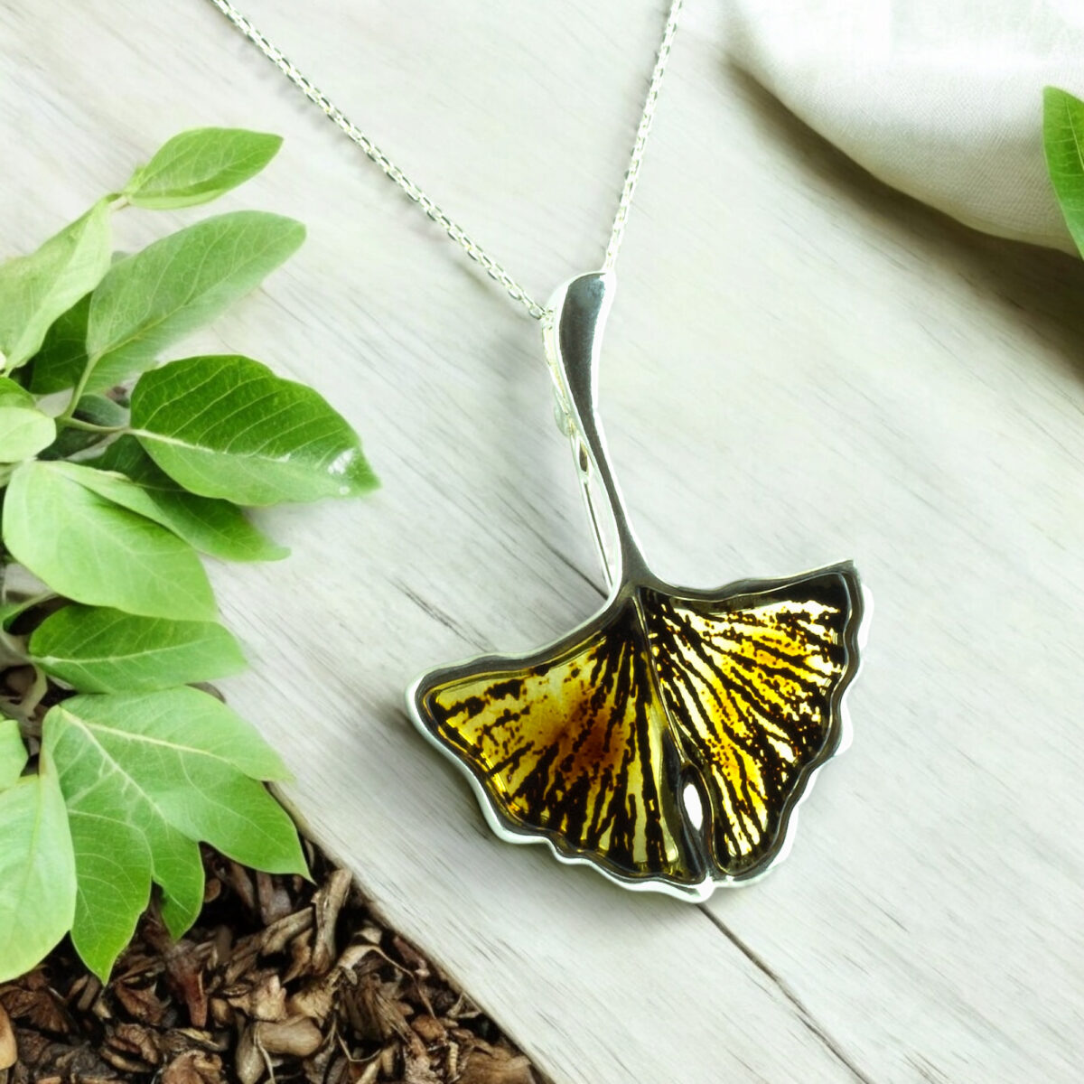 Carved Amber Ginkgo Leaf Brooch Pendant - Image 3