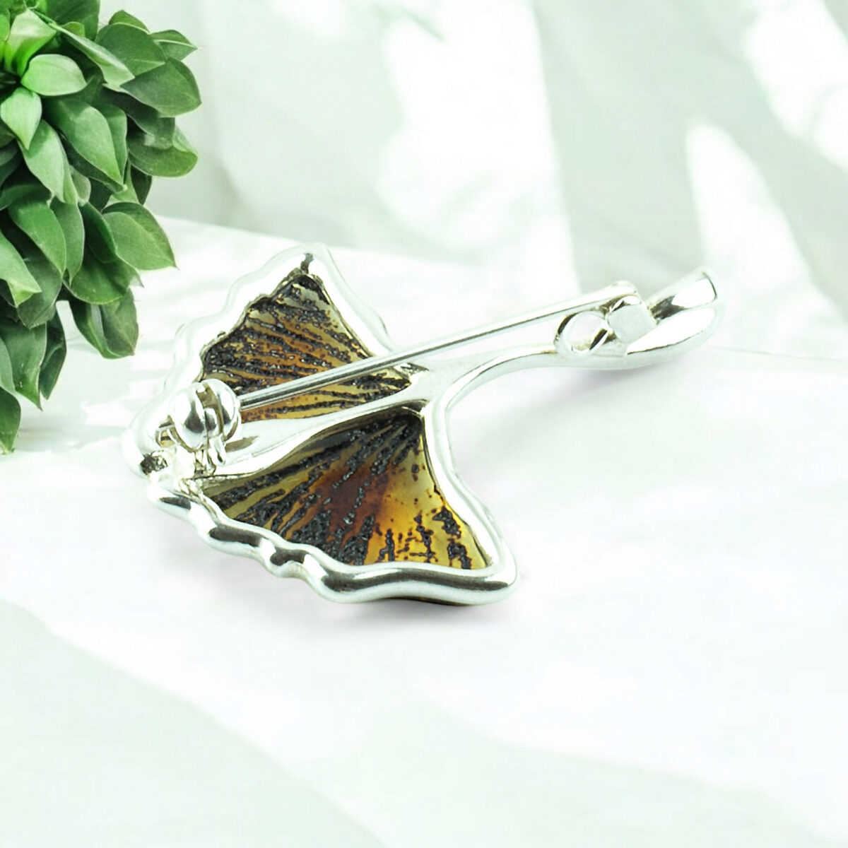 Carved Amber Ginkgo Leaf Brooch Pendant - Image 5