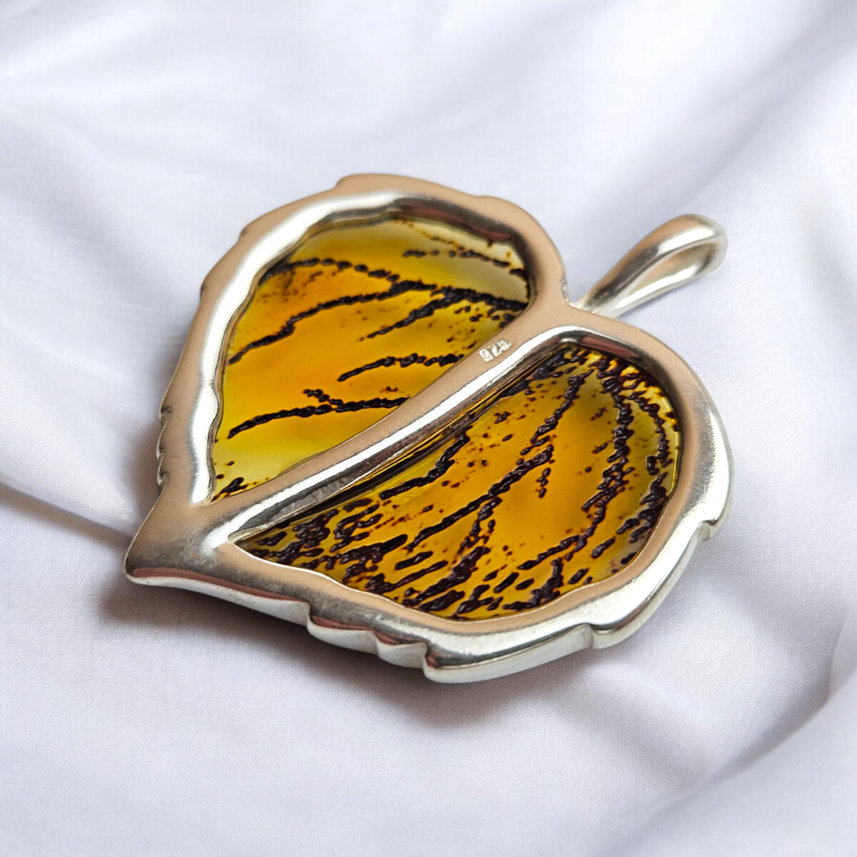 Carved Amber Silver Leaf Pendant - Image 5