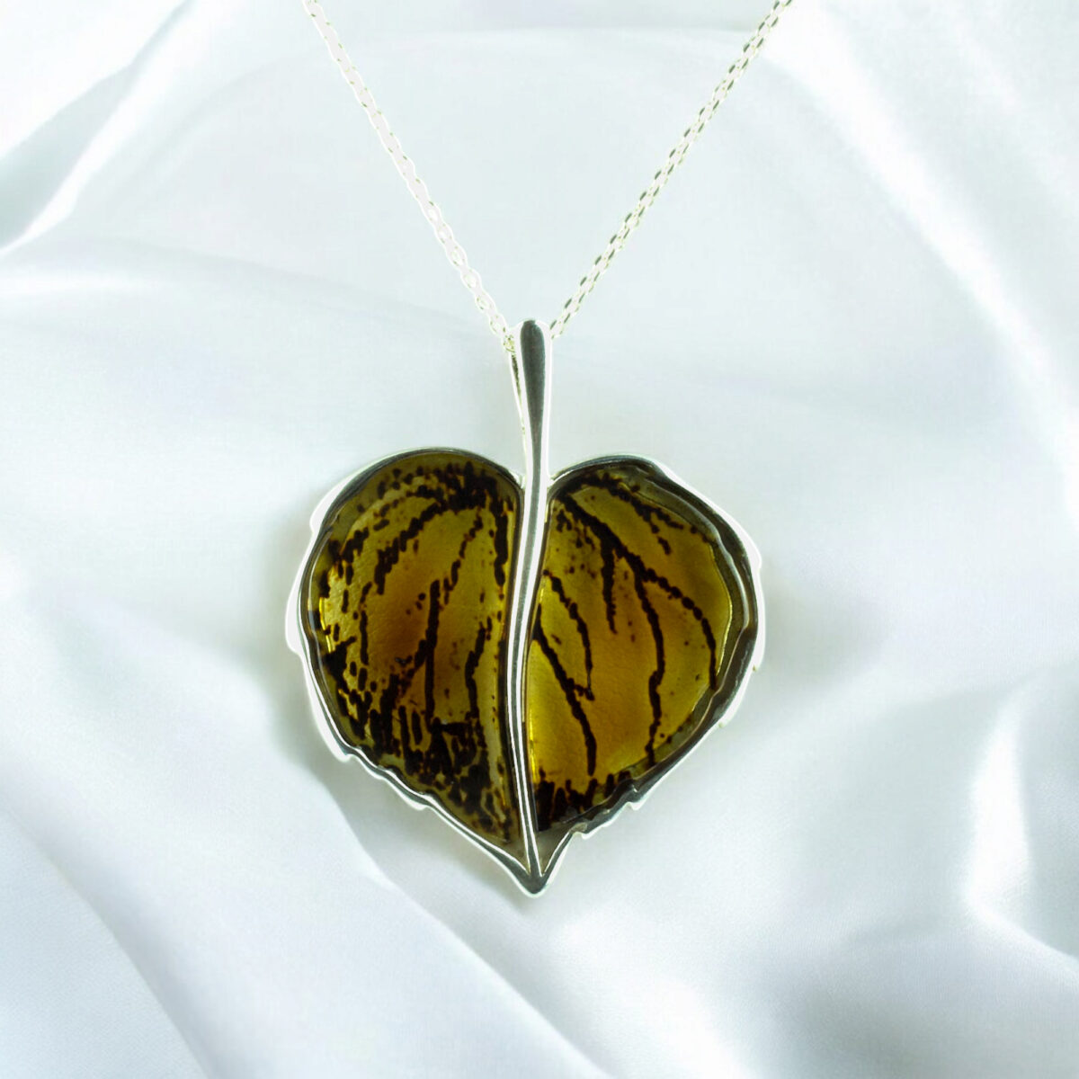 Carved Amber Silver Leaf Pendant - Image 3
