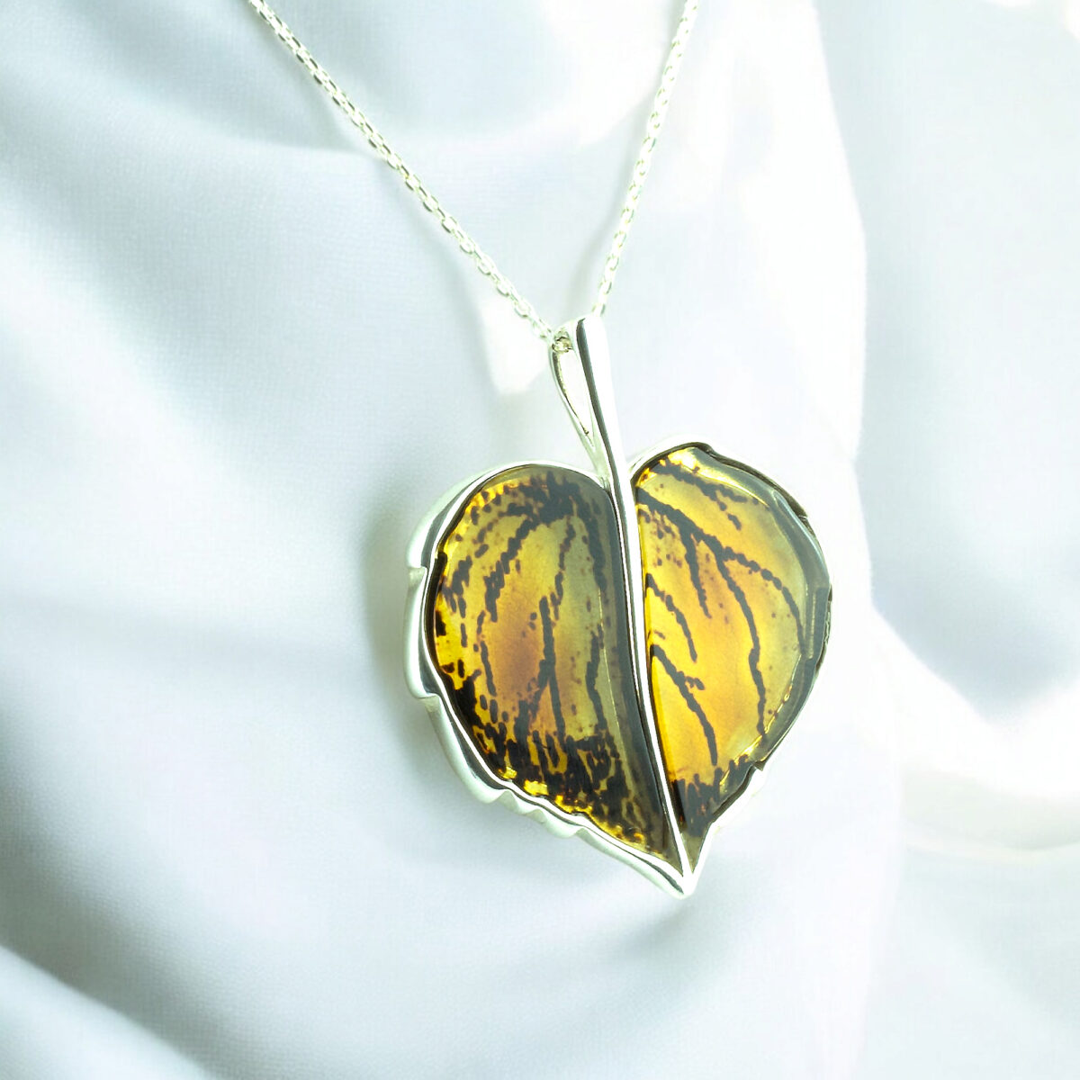 Carved Amber Silver Leaf Pendant - Image 4
