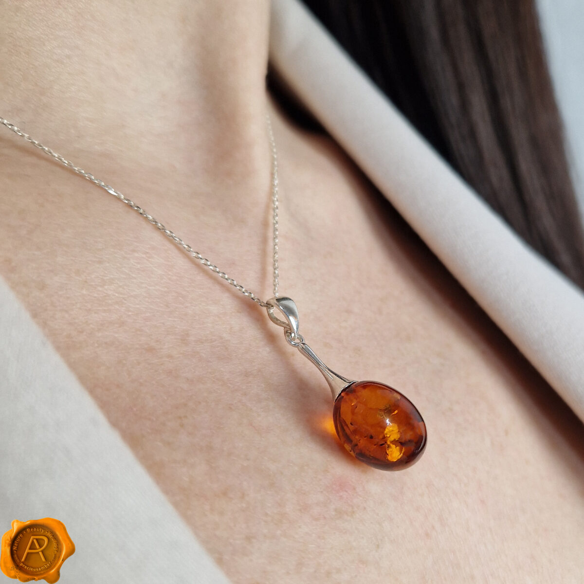 Classic Amber Silver Olive Pendant - Image 2