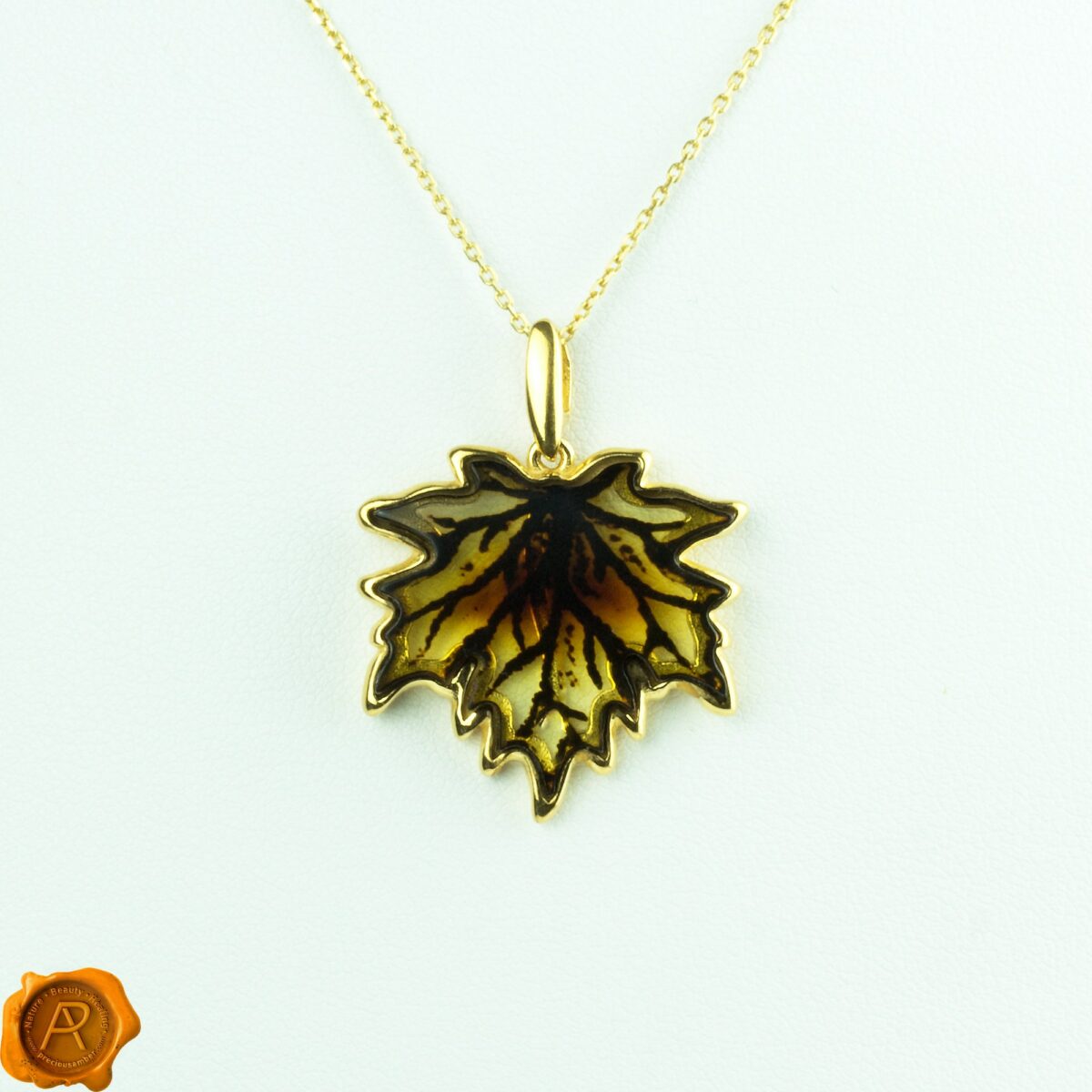 Carved Amber Gold Leaf Pendant - Image 4
