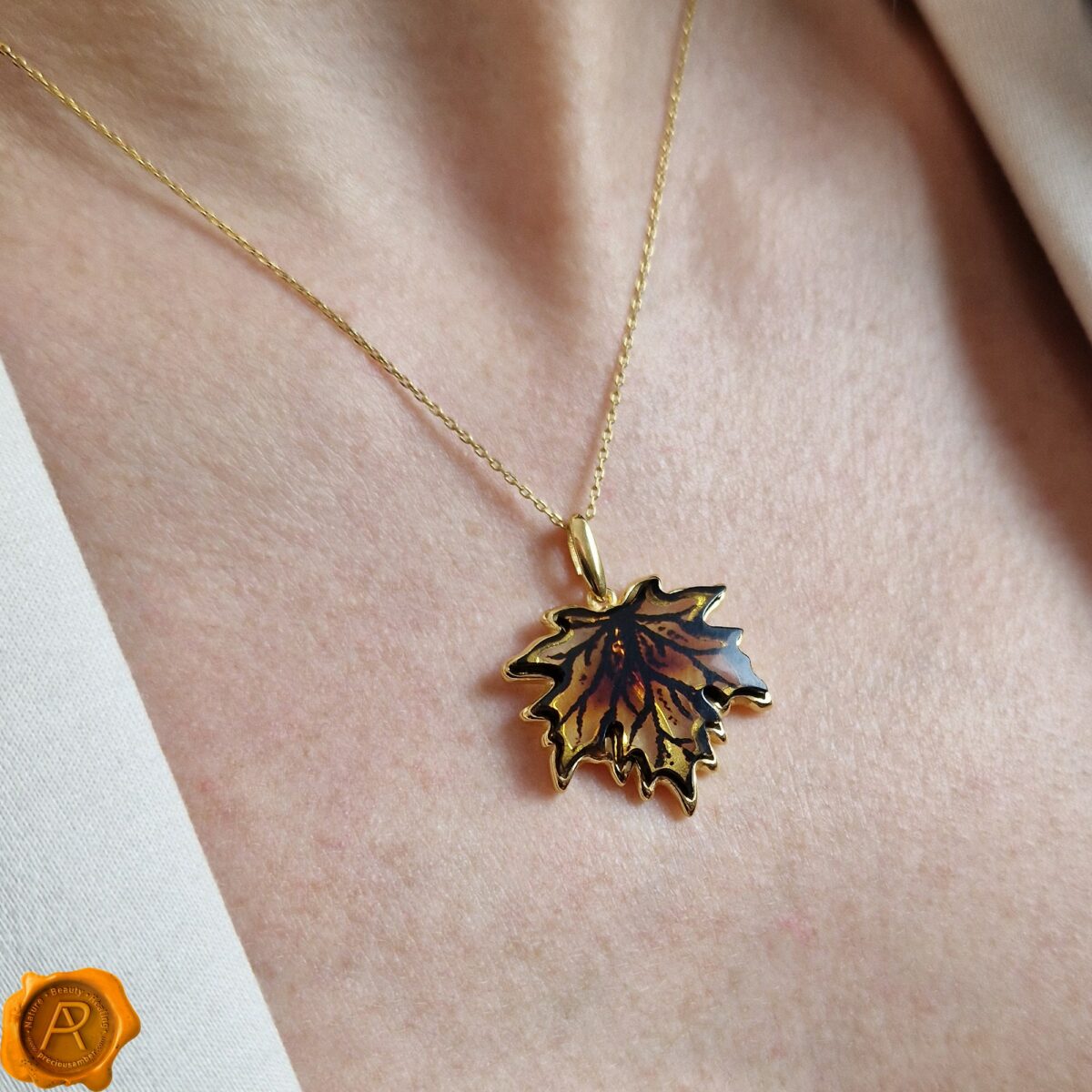 Carved Amber Gold Leaf Pendant - Image 2