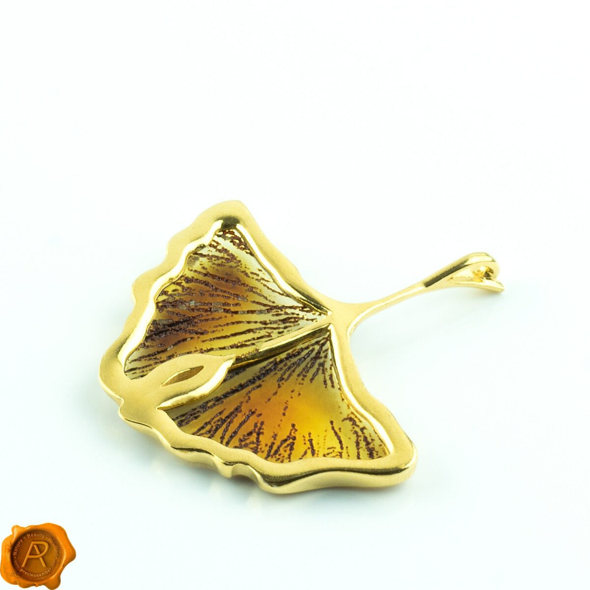 Carved Amber Gold Ginkgo Leaf Pendant - Image 6