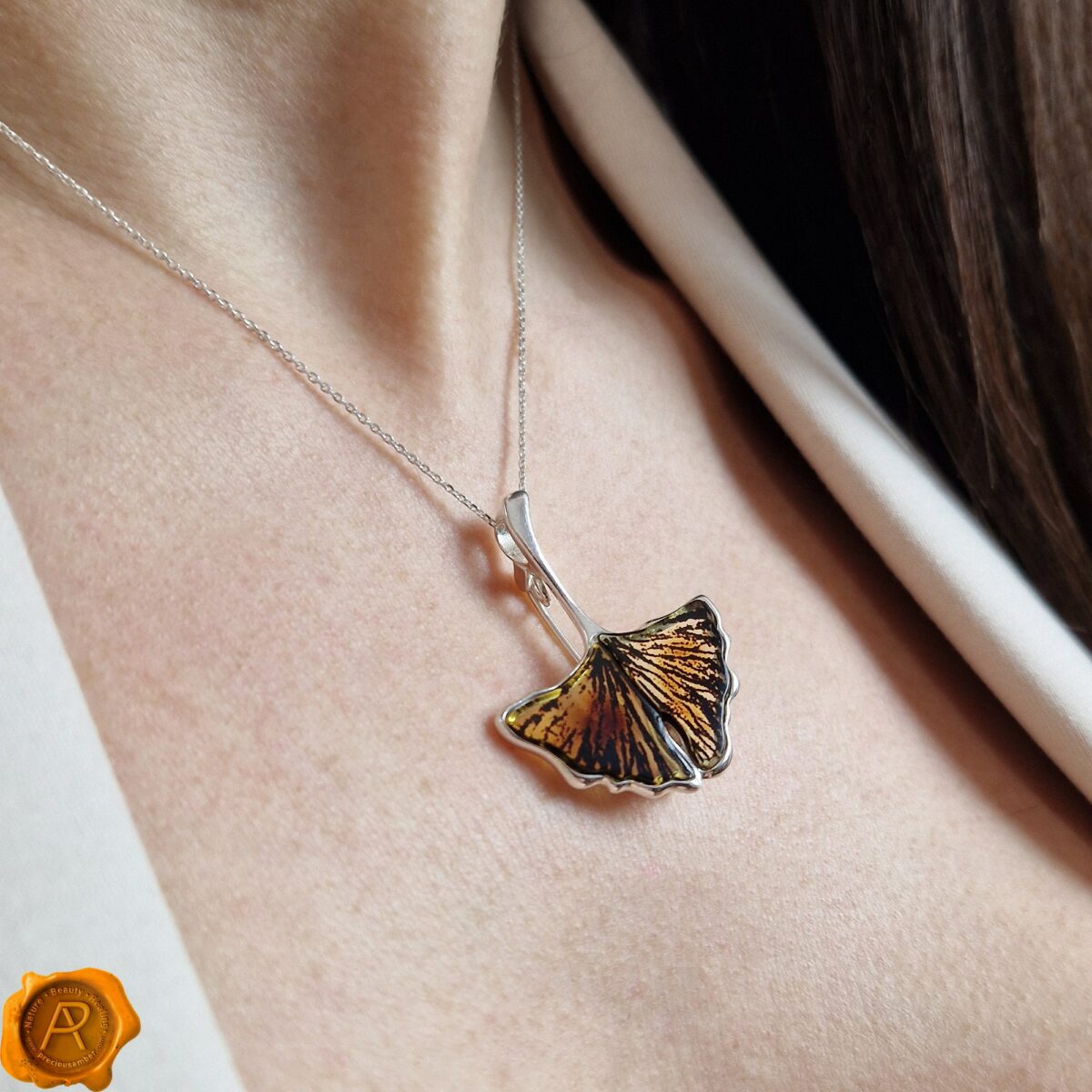 Carved Amber Ginkgo Leaf Brooch Pendant - Image 2