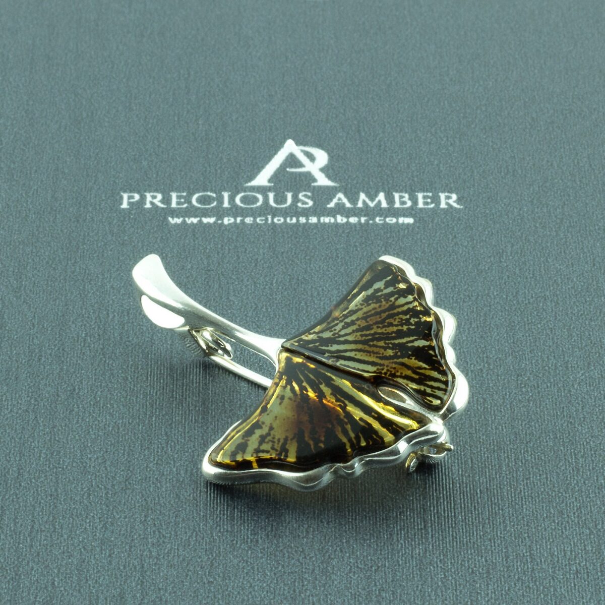 Carved Amber Ginkgo Leaf Brooch Pendant - Image 1