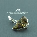 Carved Amber Ginkgo Leaf Brooch Pendant