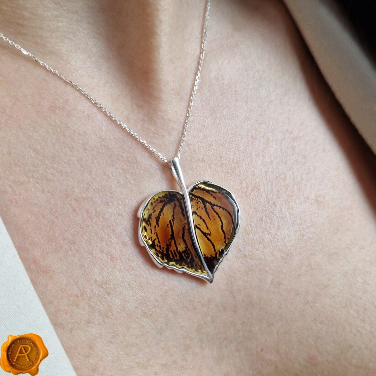 Carved Amber Silver Leaf Pendant - Image 2
