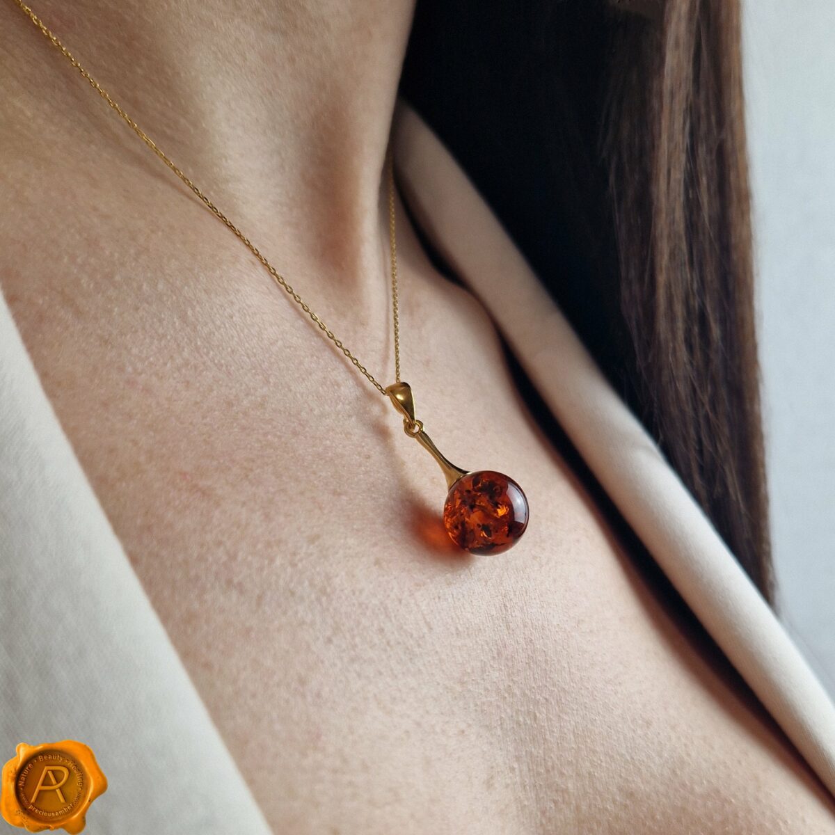 Classic Amber Sphere Gold Pendant - Image 2
