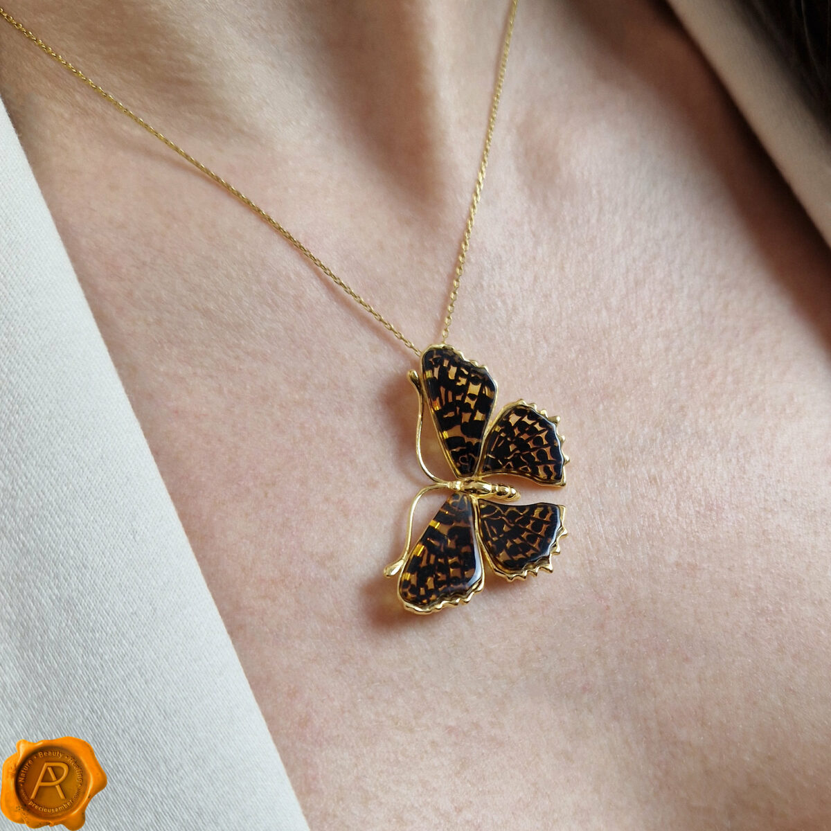 Carved Amber Gold Leopard Butterfly - Image 2