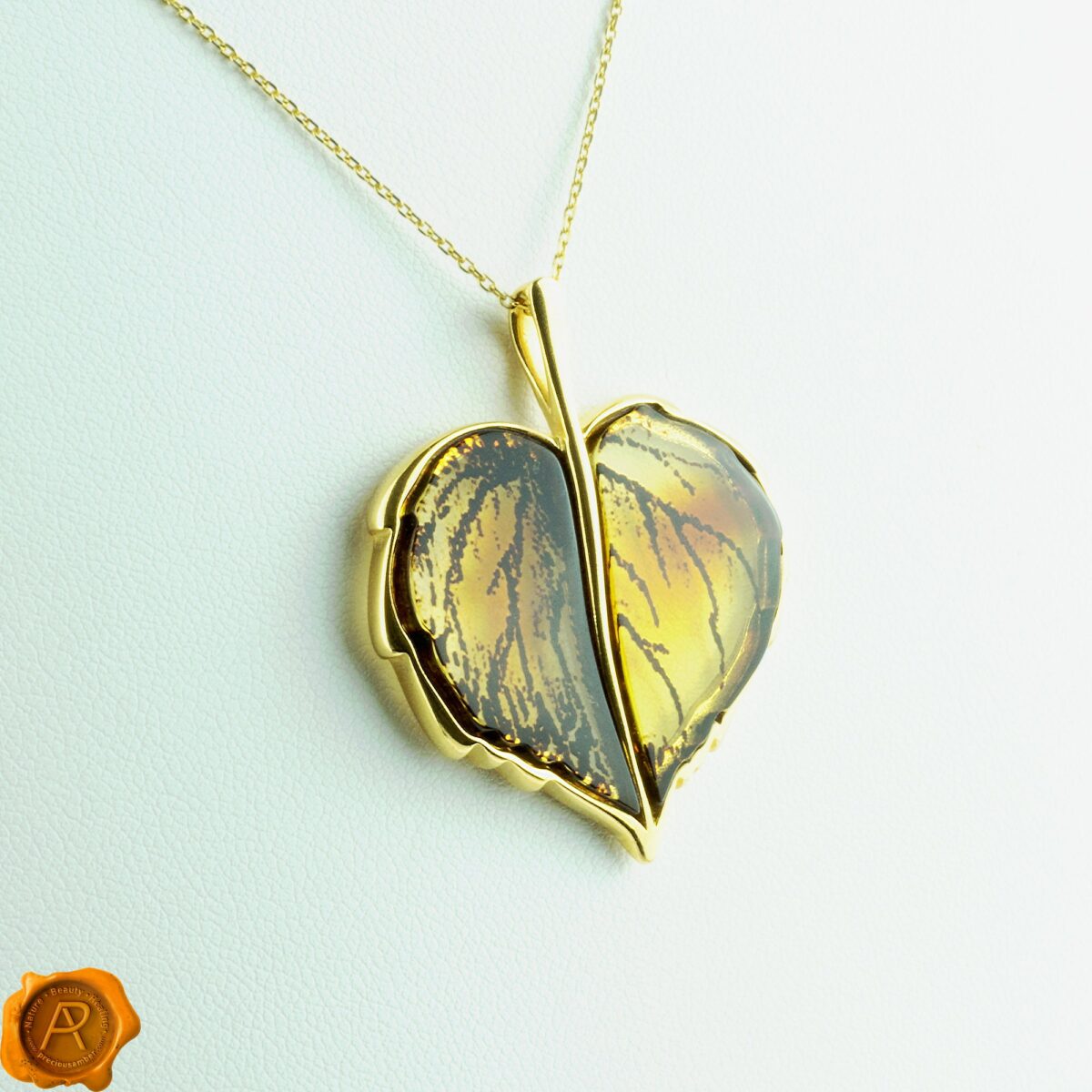 Carved Amber Gold Leaf Pendant - Image 3
