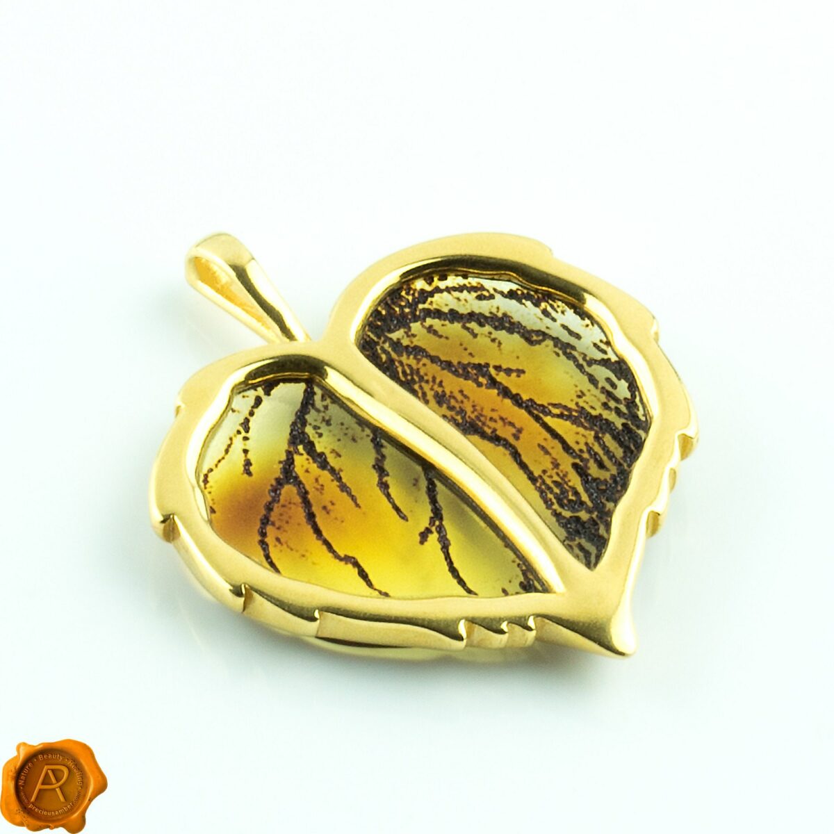 Carved Amber Gold Leaf Pendant - Image 5