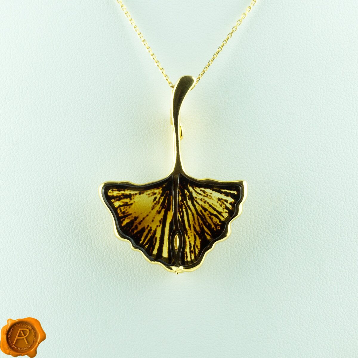 Carved Amber Ginkgo Leaf Brooch Pendant - Image 3