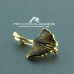 Carved Amber Ginkgo Leaf Brooch Pendant