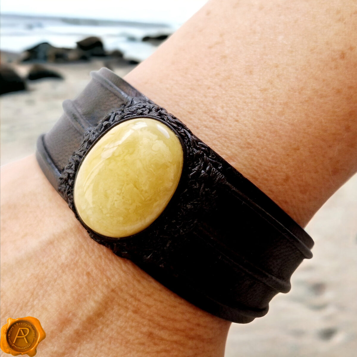 White Amber Leather Bracelet - Image 2