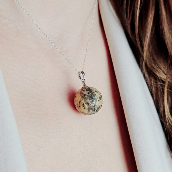 Baltic Amber Teardrop Round Pendant Gift Gemstone Silver Large Marble White Sphere Drop Necklace Women, Earthy Amber Ball Charm