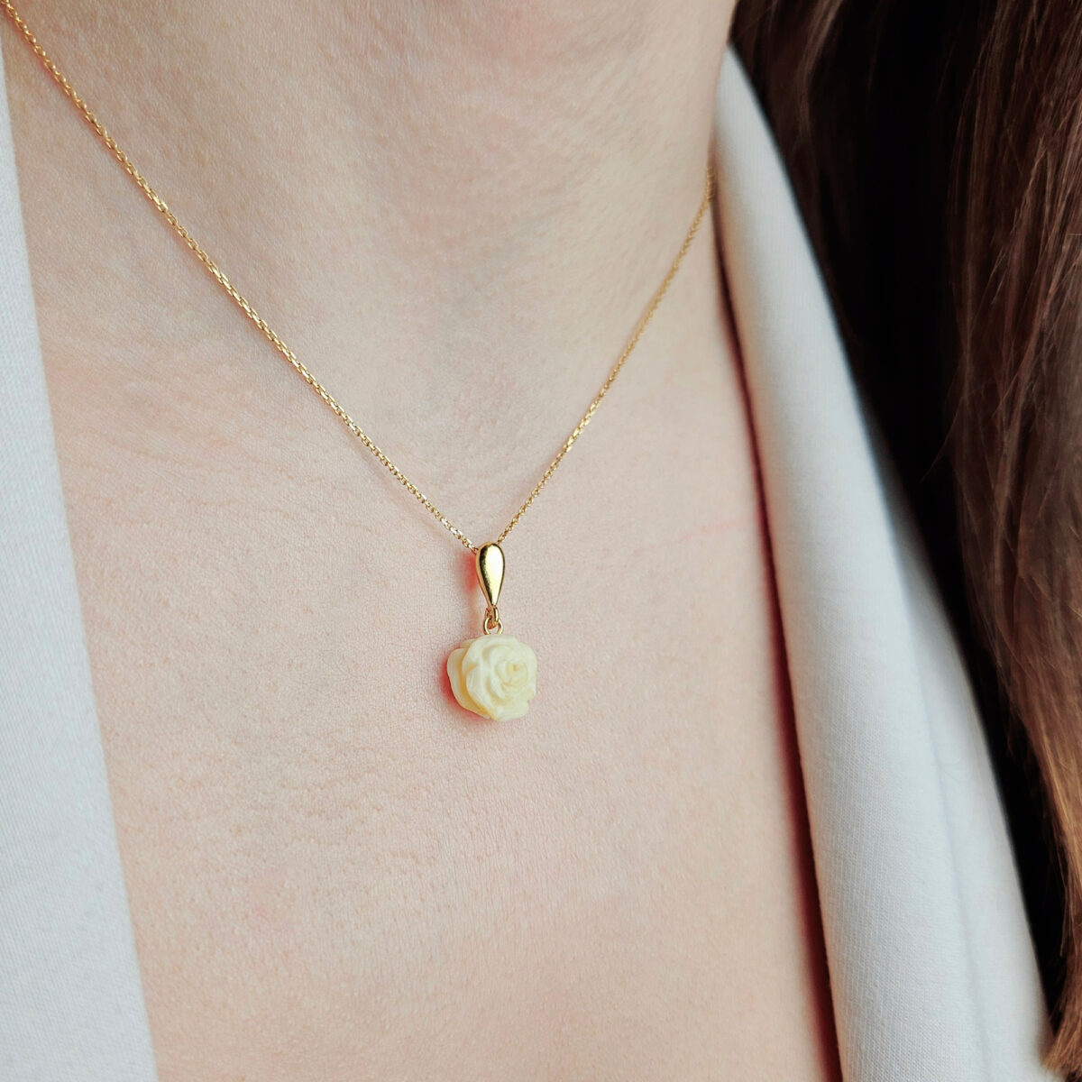 CARVED White Baltic Amber Rose Flower Pendant Gold Necklace Gift Women, Dainty Gemstone Teardrop Small Silver Rose Jewelry, Tear Drop Amber
