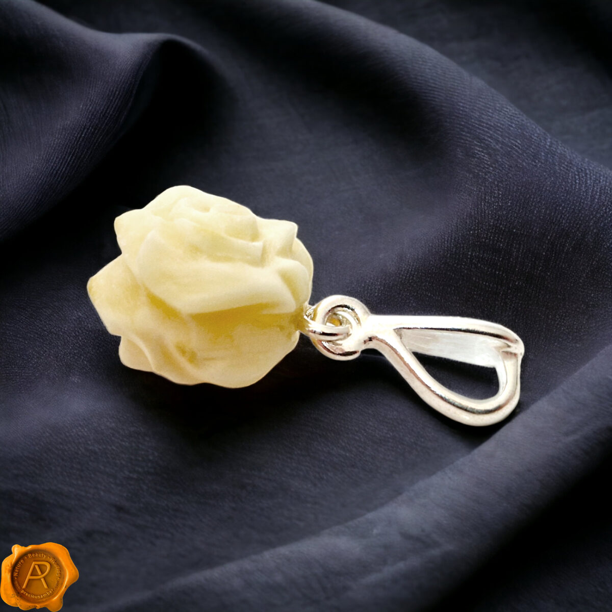 Carved White Amber Rose Silver Pendant - Image 1