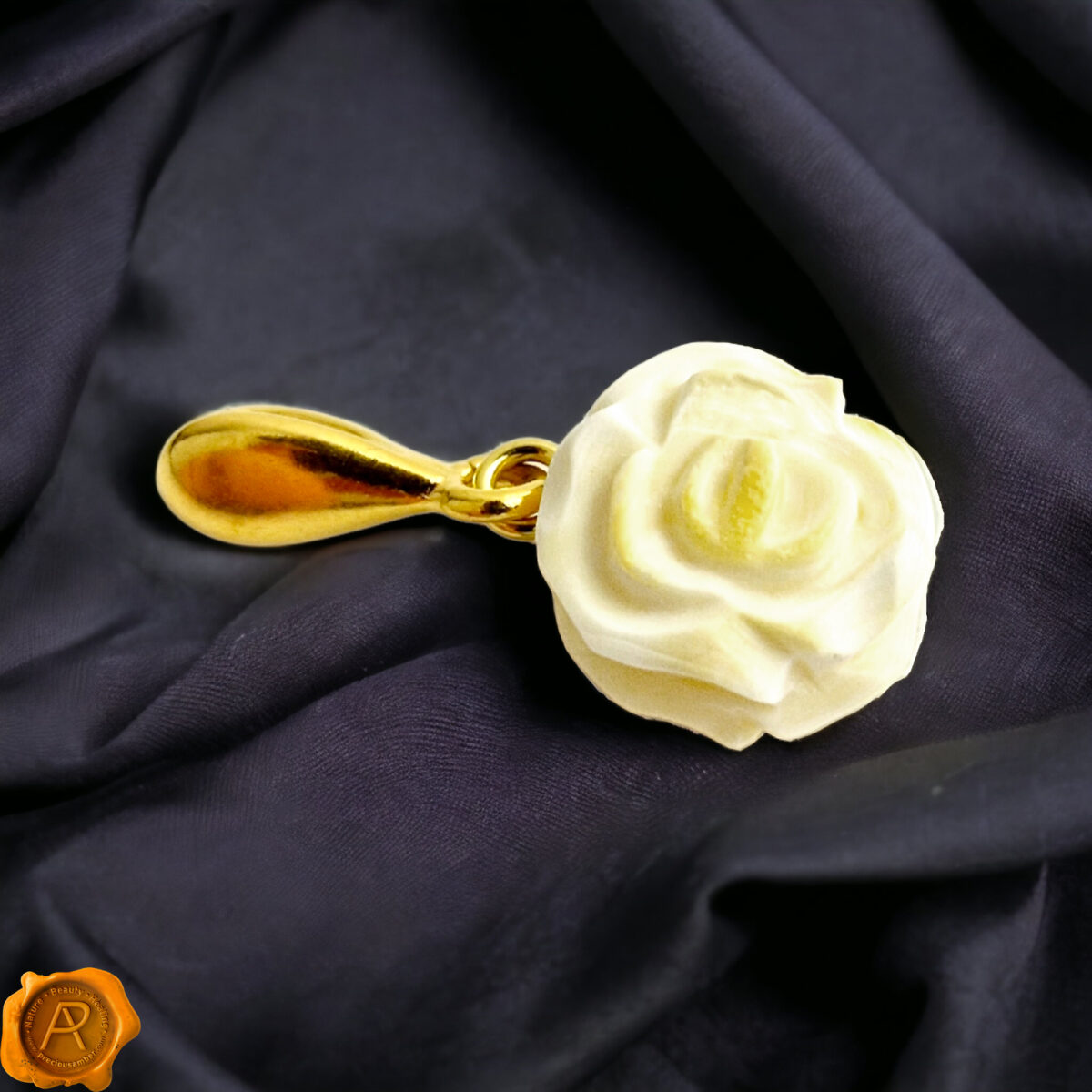 Carved White Amber Rose Pendant - Image 1