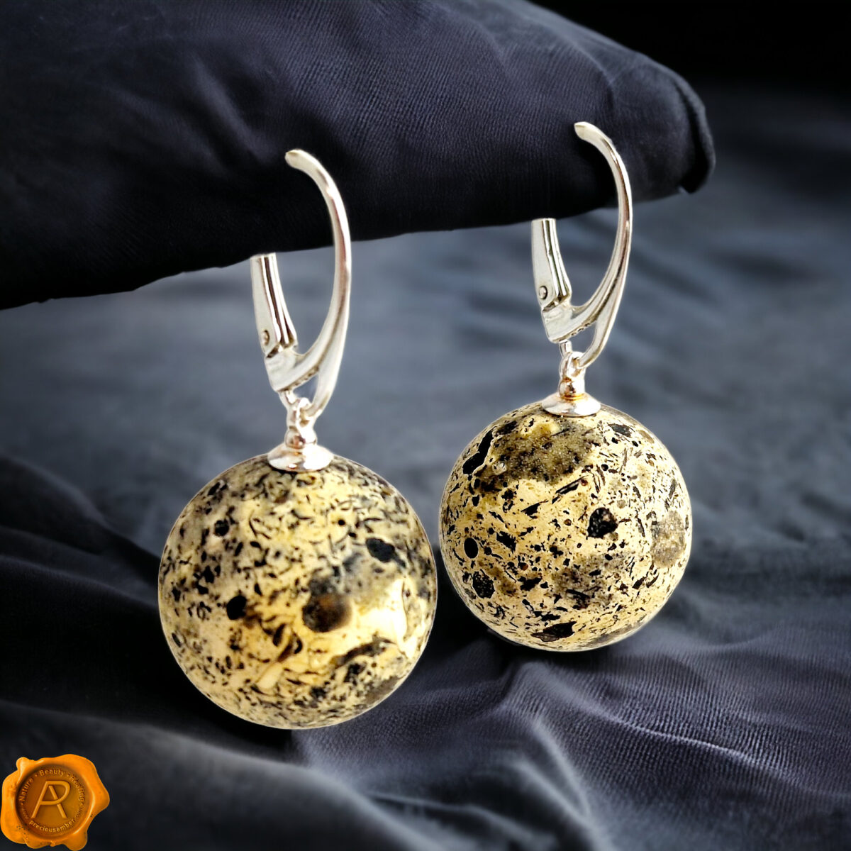 Earrings-Earthy-Rare-Baltic-Amber-Marble-Round-Gemstone-Large-Sphere-Sterling-Silver-Jewelry-Women-Gift-UK-Ireland Rare Marble Amber Sphere Earrings 20mm - Image 1