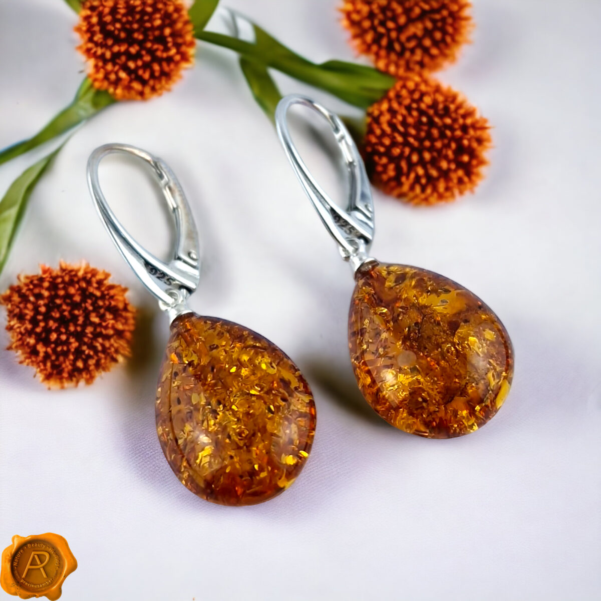 Honey-Amber-Sterling-Silver-Earthy-Baltic-Amber-Beads-Dublin-Gemstone-Short-Teardrop-Drop-Dangle-Earrings-Jewellery-Gift-for-Women-UK-Ireland Honey Amber Teardrop Earrings - Image 4