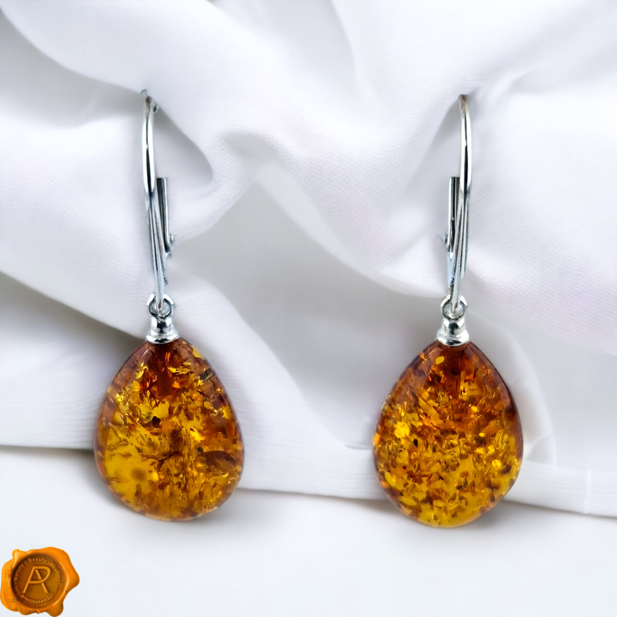 Honey-Sterling-Silver-Earthy-Cognac-Baltic-Amber-Beads-Dublin-Gemstone-Large-Teardrop-Drop-Dangle-Earrings-Jewellery-Gift-for-Women-UK-Ireland Honey Amber Teardrop Earrings - Image 3