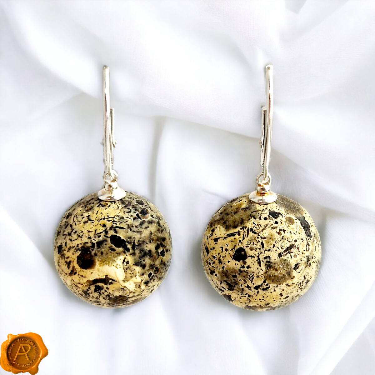 Large-Teardrop-Earrings-Earthy-Rare-Baltic-Amber-Marble-Round-Drop-Gemstone-Large-Sphere-Silver-Jewelry-Women-Gift-UK-Ireland Rare Marble Amber Sphere Earrings 20mm - Image 3