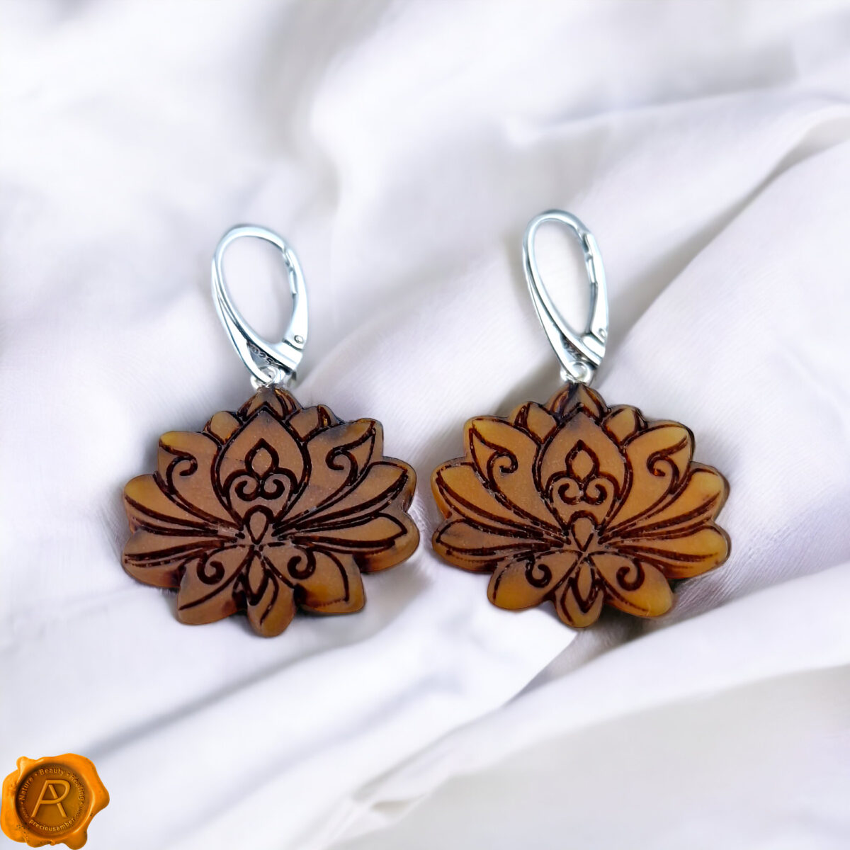 Carved Amber Lotus Flower Earrings - Image 4