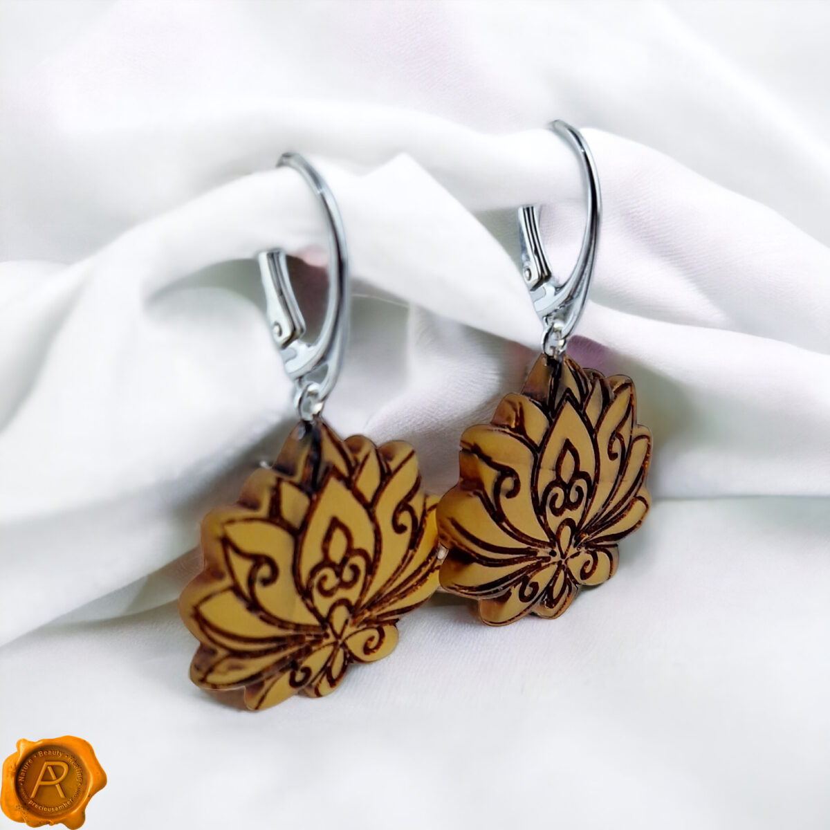 Carved Amber Lotus Flower Earrings - Image 5