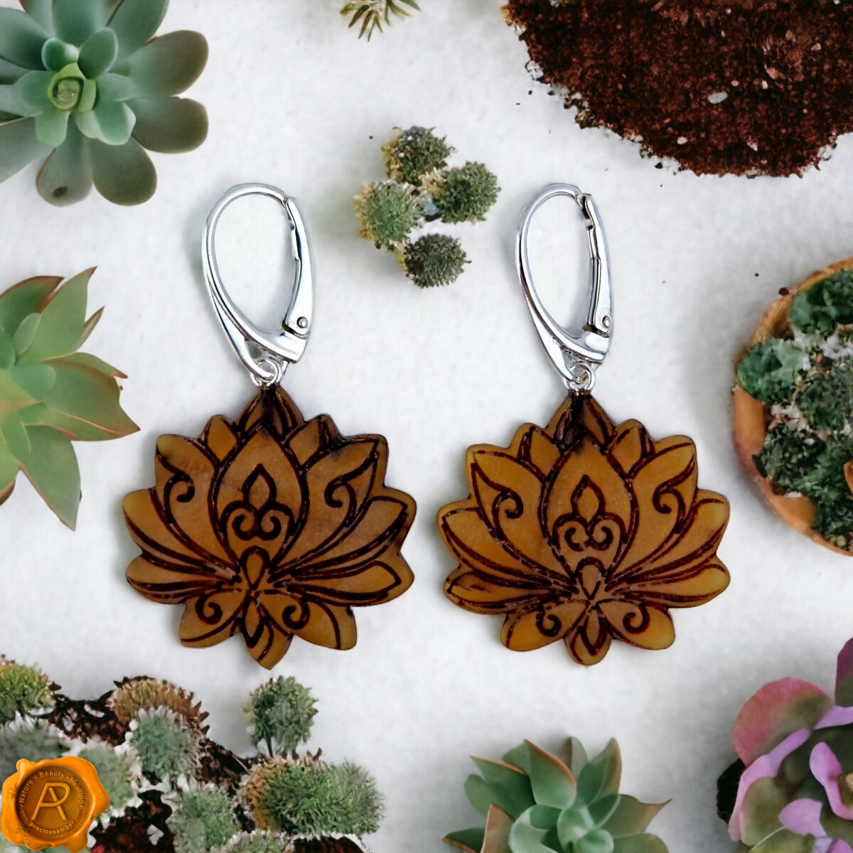 Carved Amber Lotus Flower Earrings - Image 3