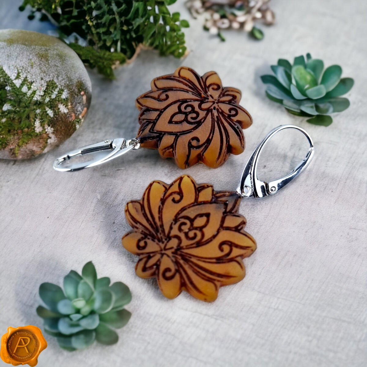 Carved Amber Lotus Flower Earrings - Image 1