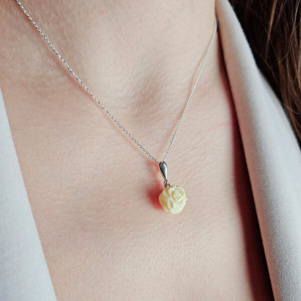 Baltic Amber Teardrop Rose Gift Flower Pendant Necklace Women, Carved White Dainty Gemstone Small Silver Rose Art Jewelry, Tear Drop Amber